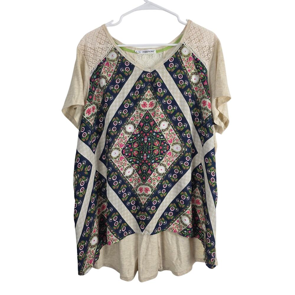 Maurices Cottage Core Top 3x Womens Plus Size V Neck Lace‎ Floral Pullover